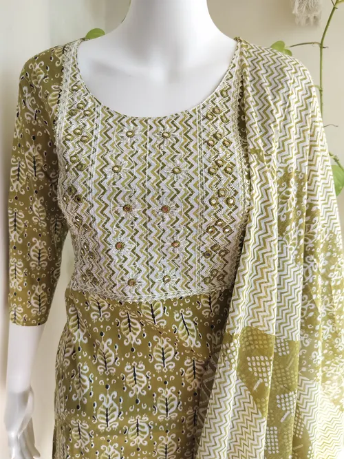 Cotton Mix Salwar Set - Olive Green
